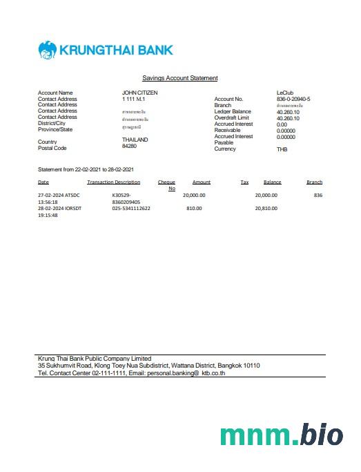 Tajlandia Krungthai wyciąg bankowy słowo i PDF scr